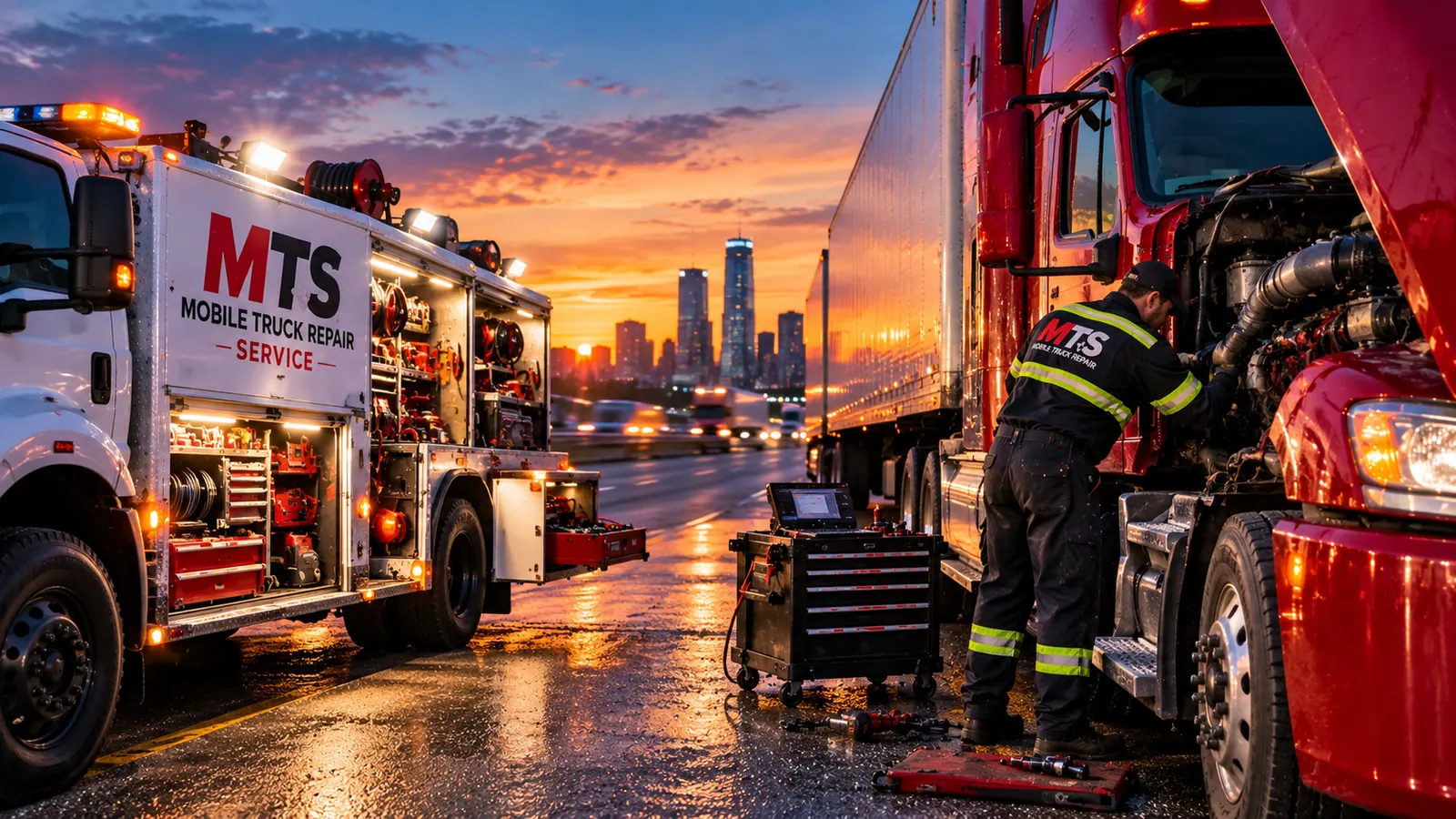 MTS mobile truck repair service truck parked beside a red semi on a highway at sunset while a mechanic works in the open engine bay