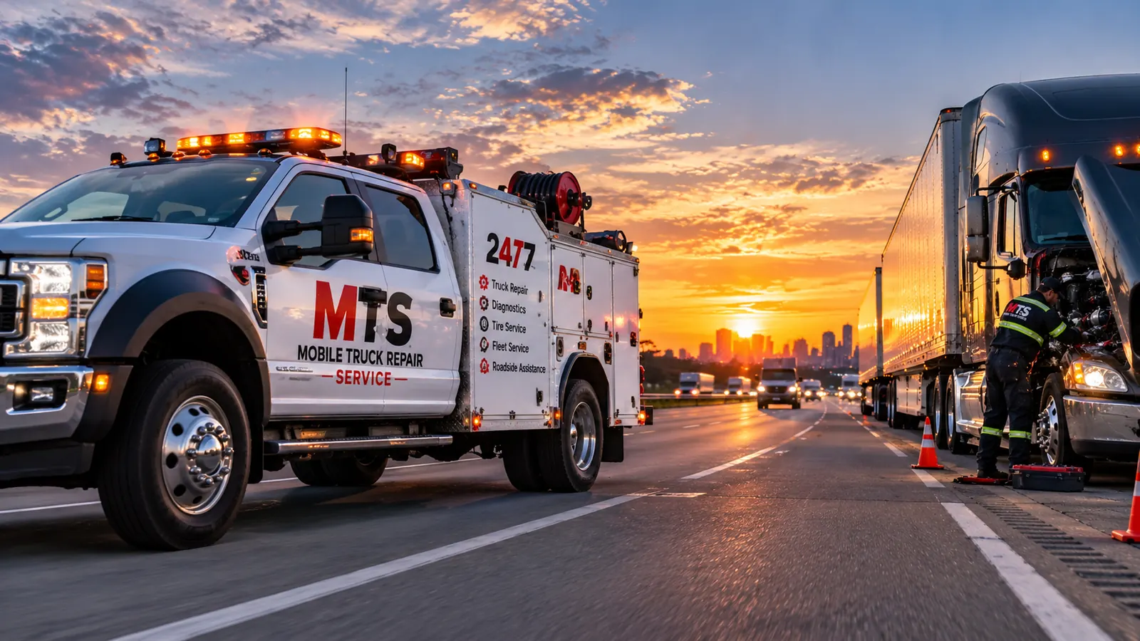 MTS mobile truck repair service truck driving on a highway at sunset past a semi truck with a mechanic working at its open hood