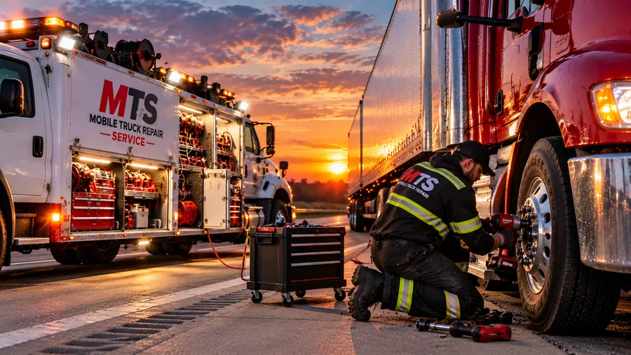 Mechanic kneeling at the wheel of a red semi truck with an impact wrench beside an MTS mobile repair service truck at sunset